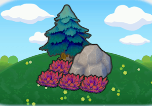 Pointy tree-shaded rocky tall grass